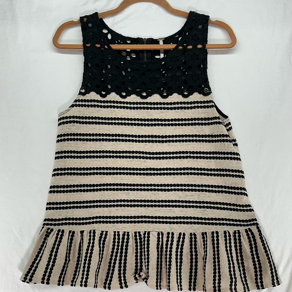 Free People Black and Cream Striped Tank with Crochet Yoke